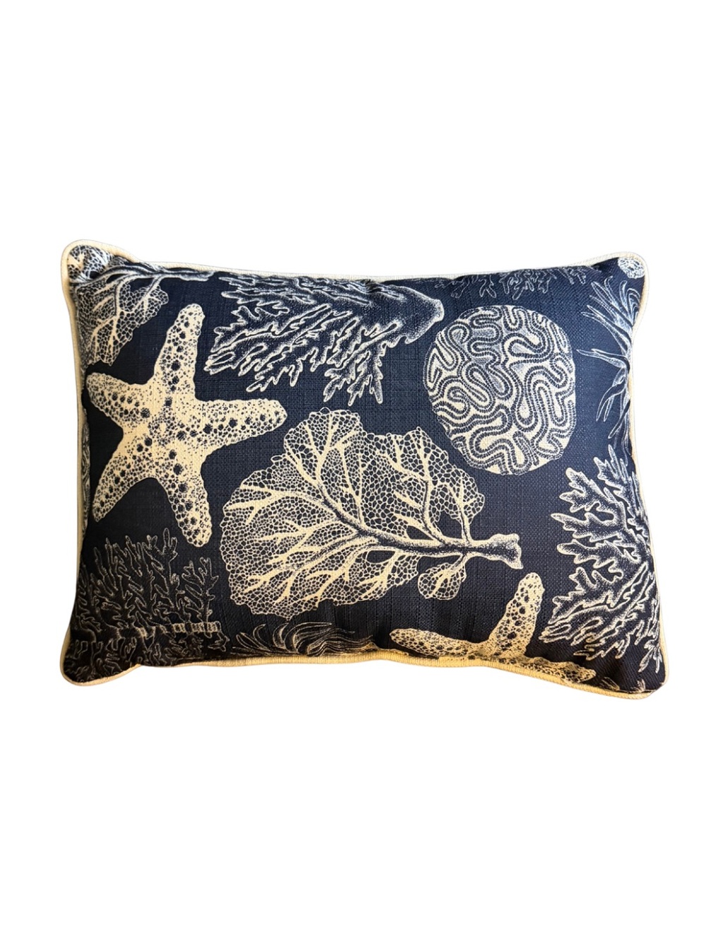 Navy Sea Life Decorative Pillow with Beige Shell Print